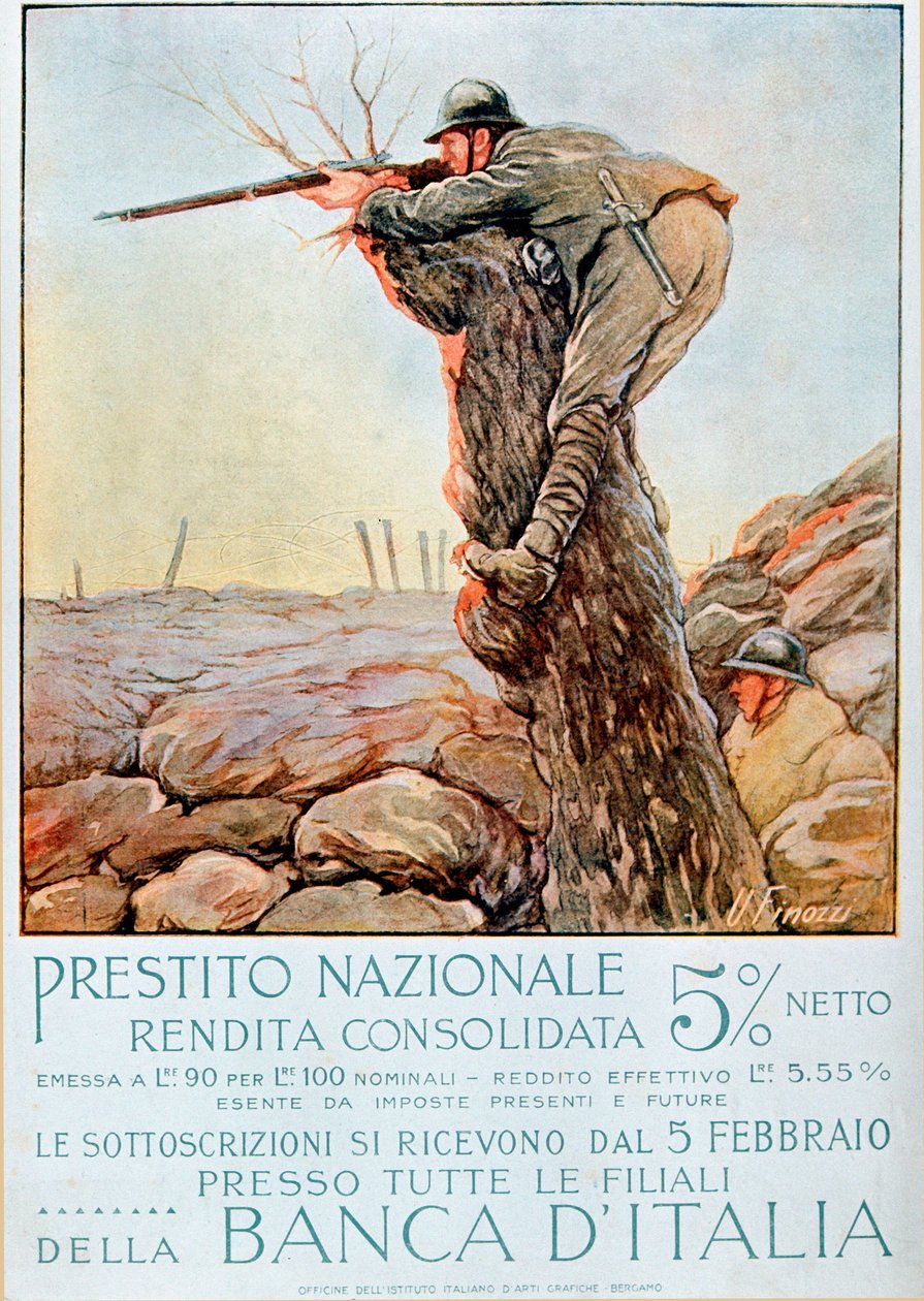Prima Guerra Mondiale: manifesto italiano che incoraggia il prestito nazionale. Illustrazione di Ugo Finozzi. 1914-1918 da Ugo Finozzi