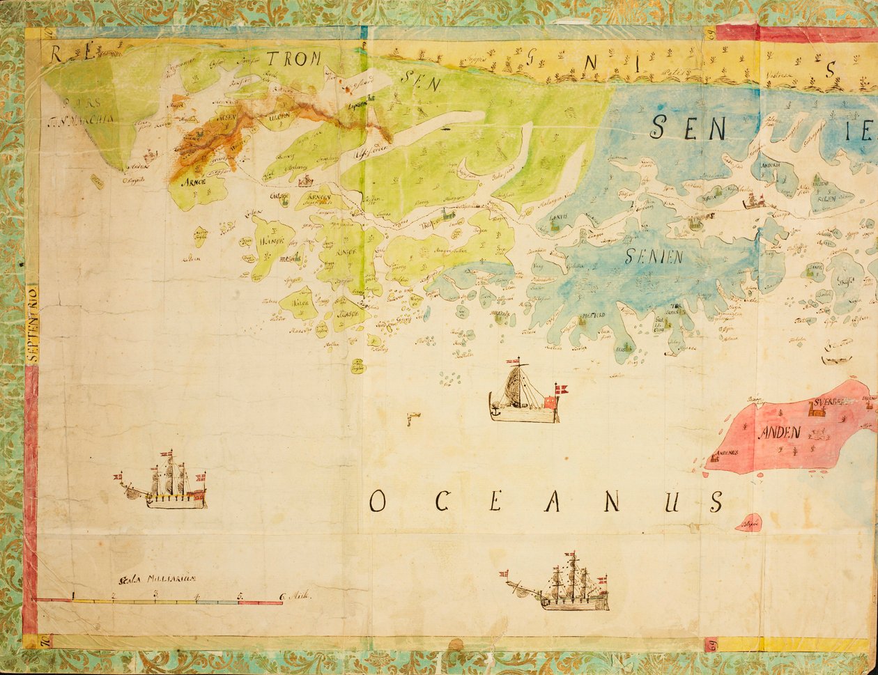 Mappa della collezione di mappe della Biblioteca Nazionale. La mappa è stata disegnata a mano e mostra Trøndelag, Nordland, Troms, la costa, carta nautica da Ukjent tegner
