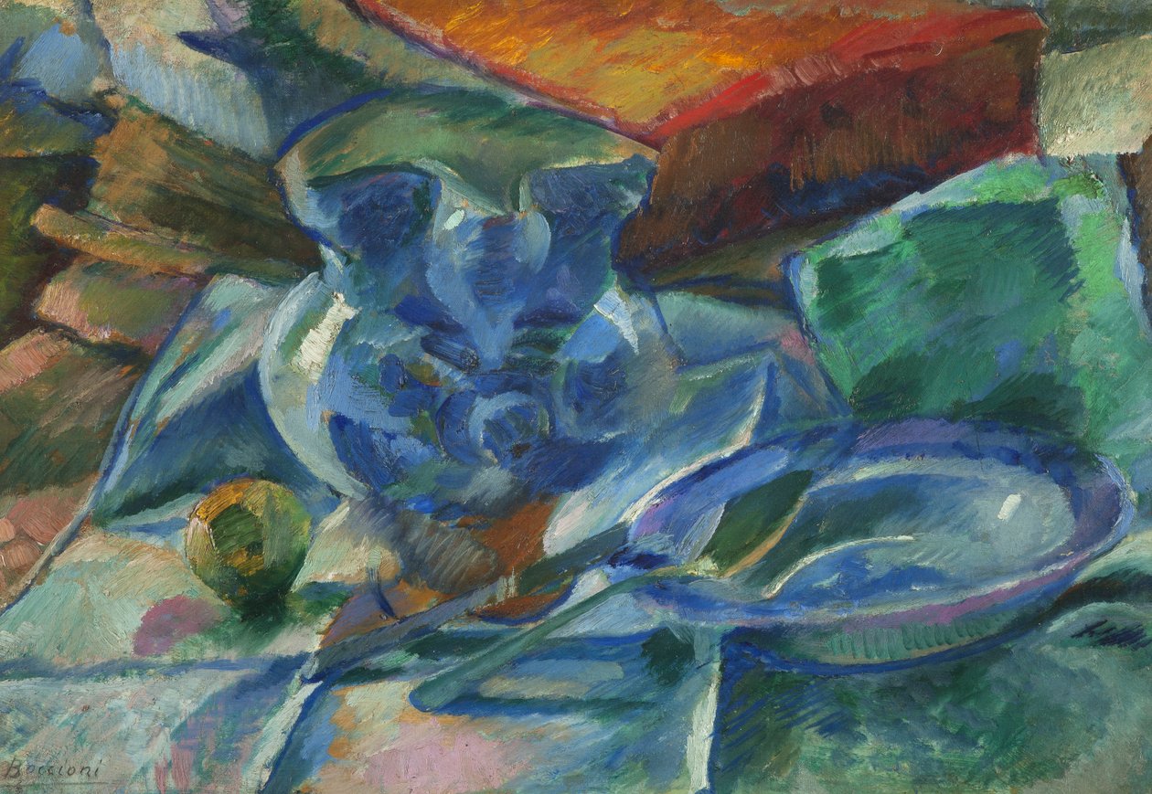 Natura morta di terraglie, posate e frutti, 1915 da Umberto Boccioni