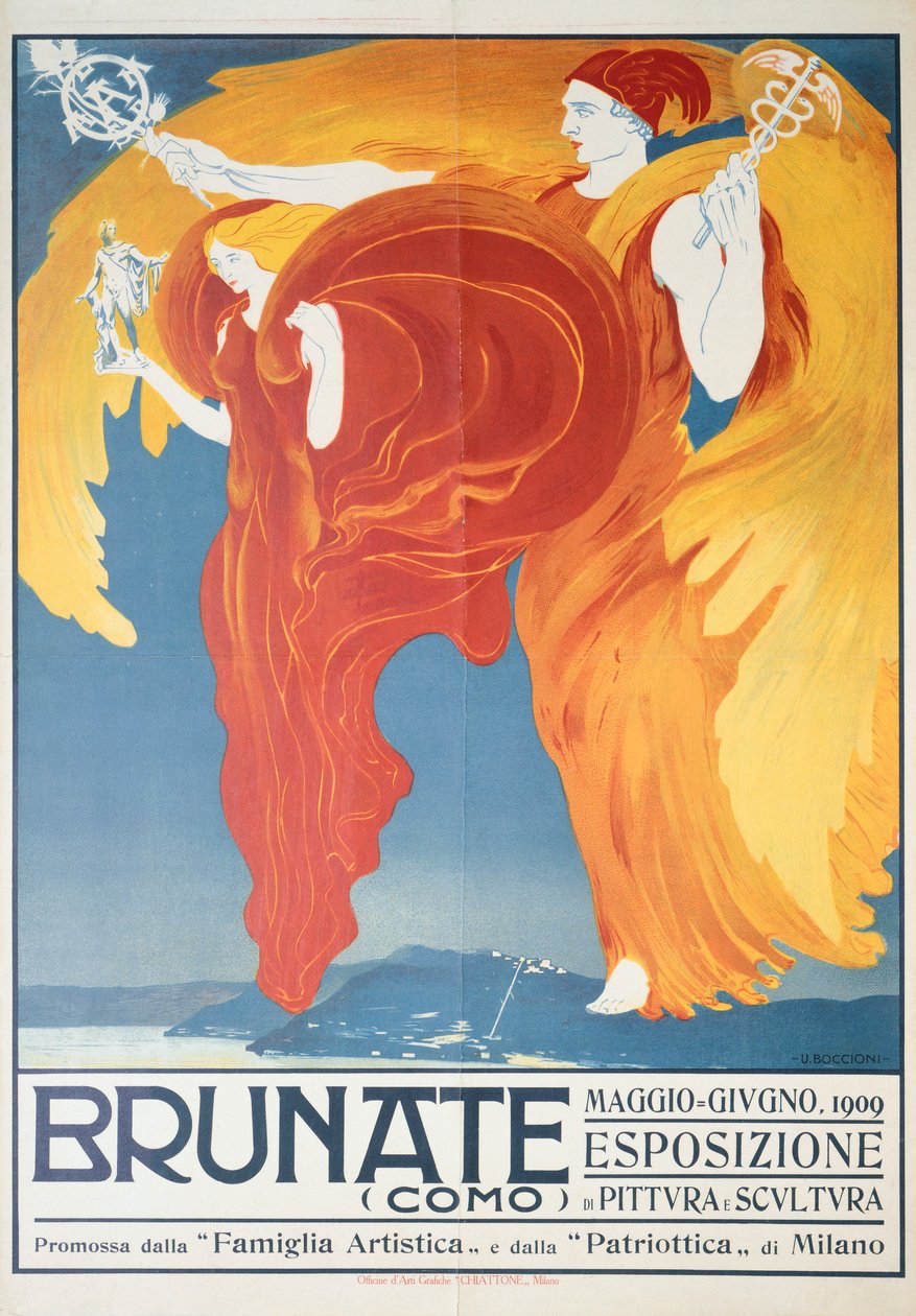 Poster per mostra di pittura e scultura a Brunate di Umberto Boccioni (1882-1916), cromolitografia, 70x50 cm da Umberto Boccioni