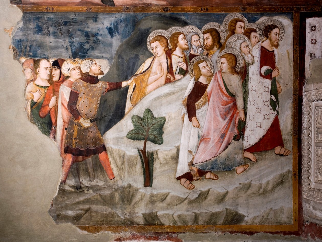 La fuga dagli apostoli (dettaglio). Affresco della scuola umbra del XV secolo. Chiesa Superiore. Monastero di San Benedetto (Sacro Speco), Subiaco (Roma), Italia da Umbrian School