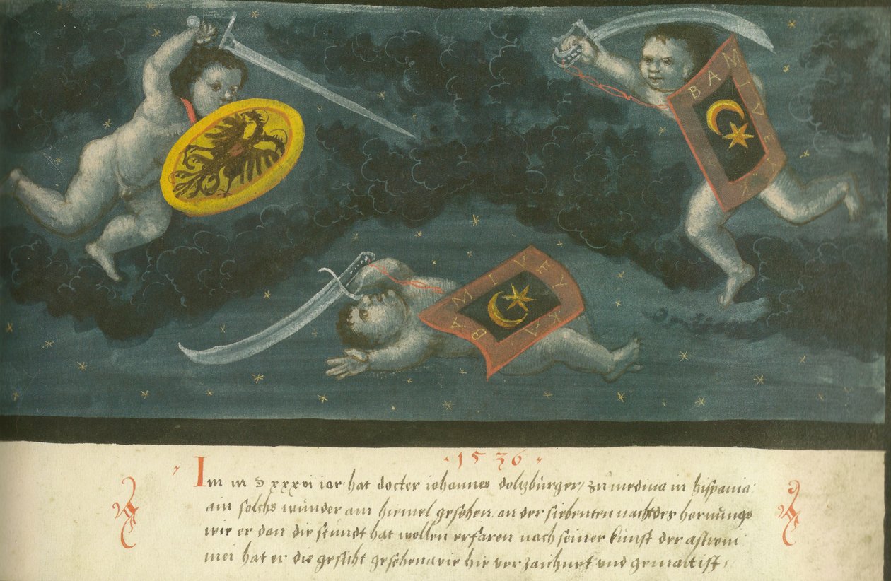 Augsburger Wunderzeichenbuch — Folio 134 Battaglia celeste di tre bambini 1536 da Unbekannt Unbekannt