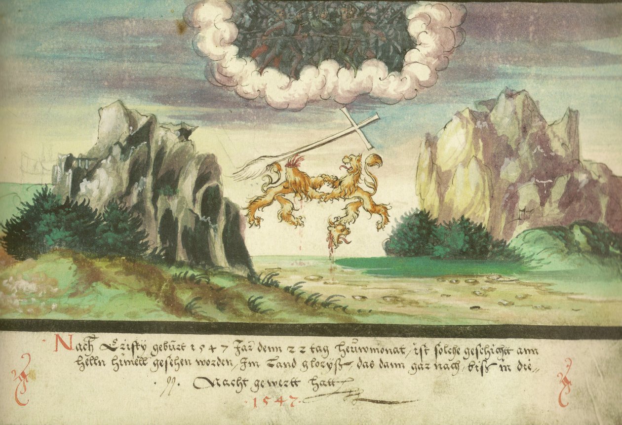 Augsburger Wunderzeichenbuch — Folio 157 - Battaglia celeste, leoni sopra Glarus da Unbekannt Unbekannt
