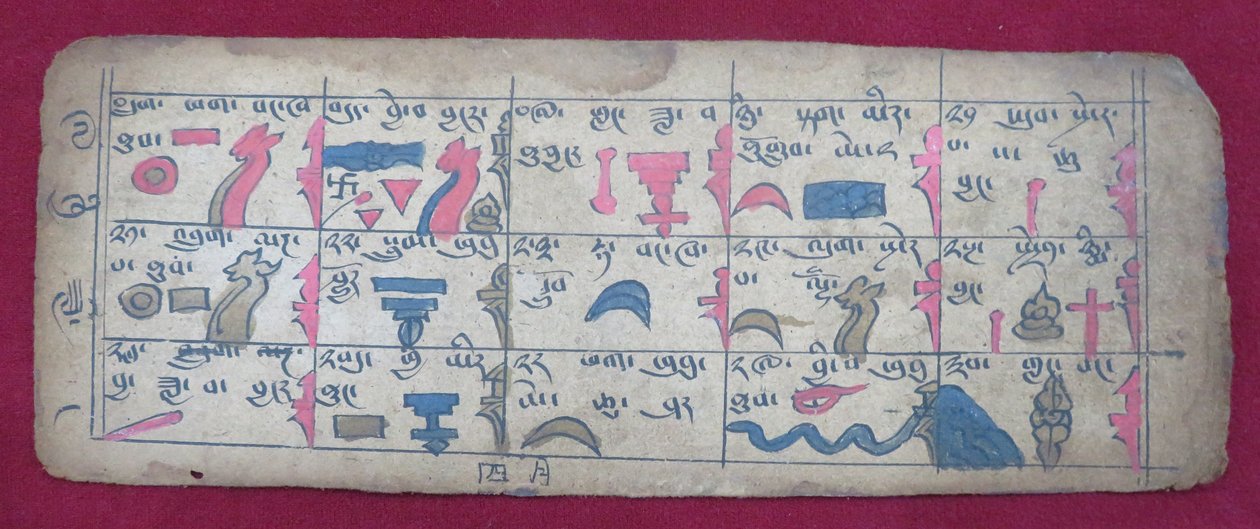 Almanacco astrologico Ersu per metà del 4° mese, con pittogrammi Ersu Shaba e spiegazioni in tibetano da Unbekannt Unbekannt