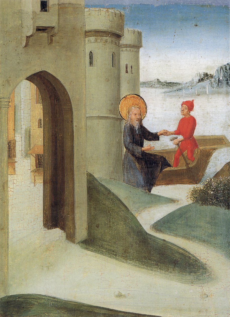 Tavola del Sacro Sangue di Weingarten del 1489. Landesmuseum Württemberg, Stoccarda. Tavola 4: Longino lascia Gerusalemme e si imbarca per l
