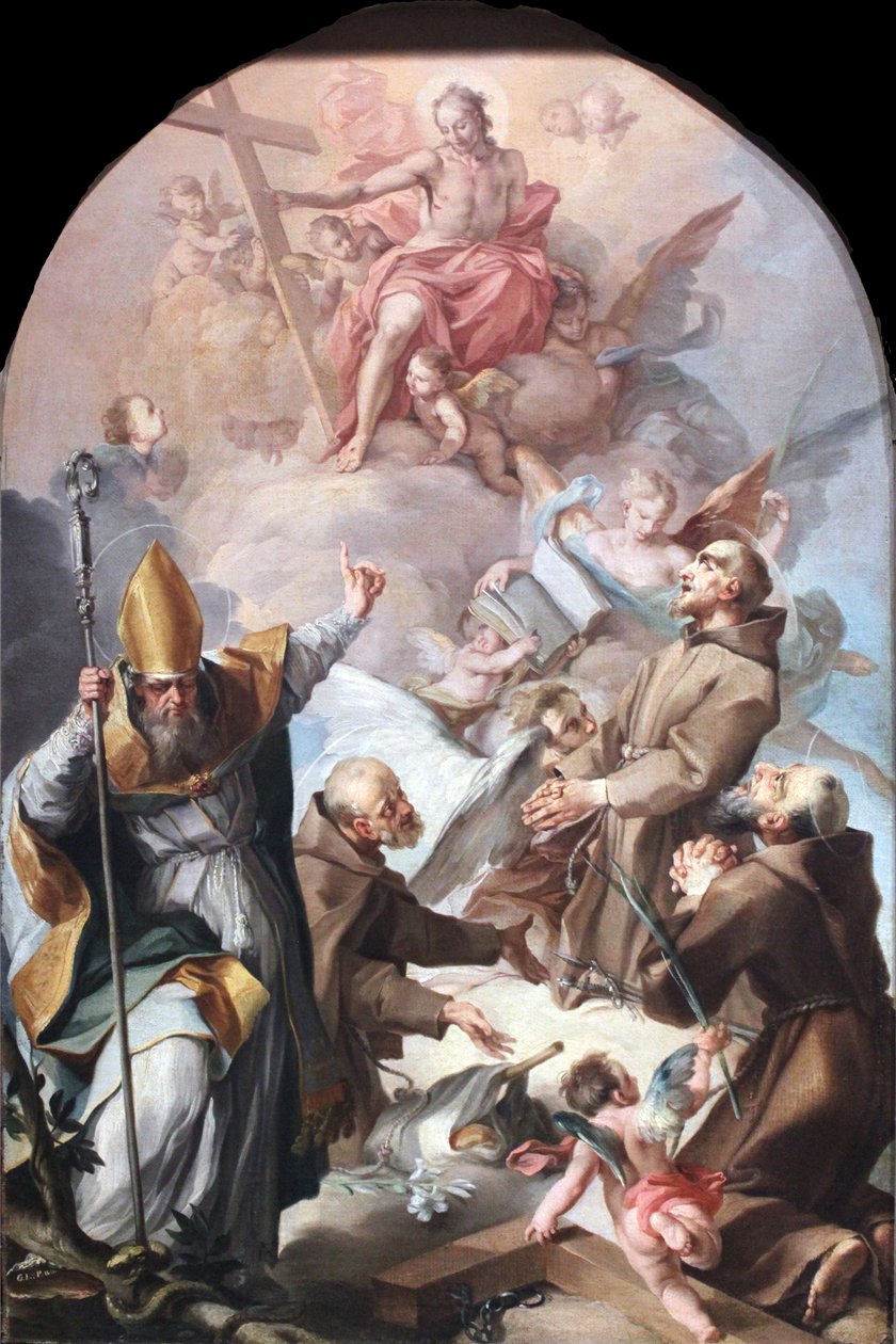 Tre santi cappuccini e un vescovo adorano Cristo e la Croce da Unbekannt Unbekannt