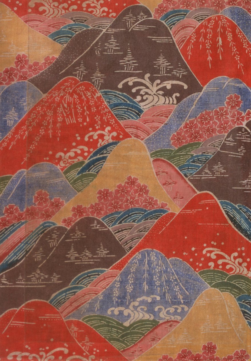 Frammento di tessuto Bingata - motivi di fiori di ciliegio, onde, montagne da Unbekannt Unbekannt