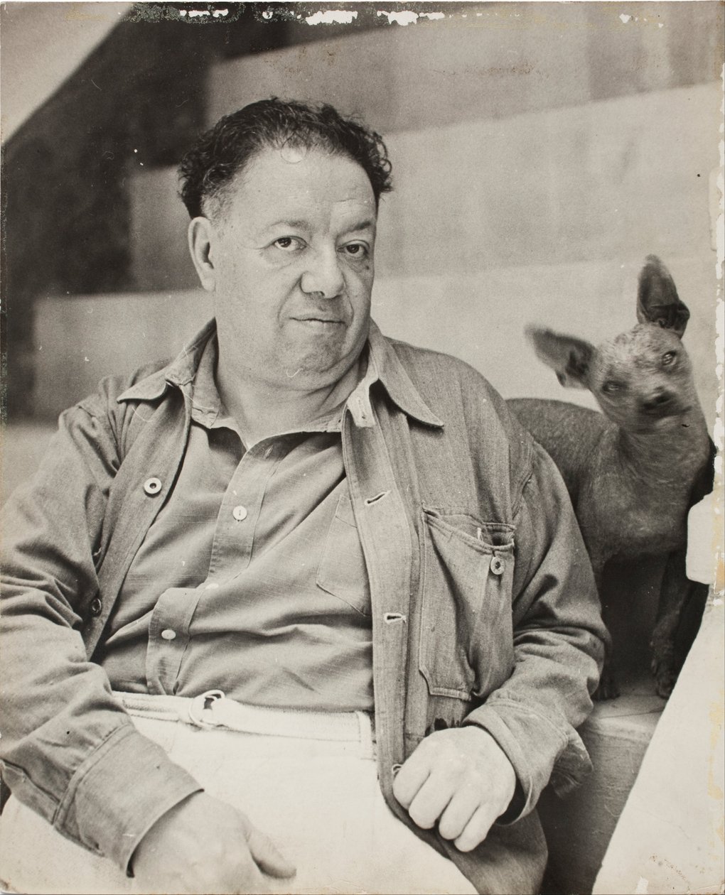 Diego Rivera con un cane xoloitzcuintle nella Casa Blu, Coyoacan da Unbekannt Unbekannt