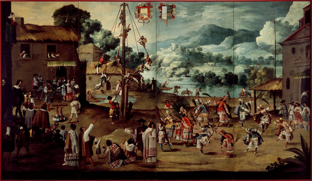 Paravento con matrimonio indigeno e palo volante (Biombo con desposorio indígena y palo volador) da Unbekannt Unbekannt