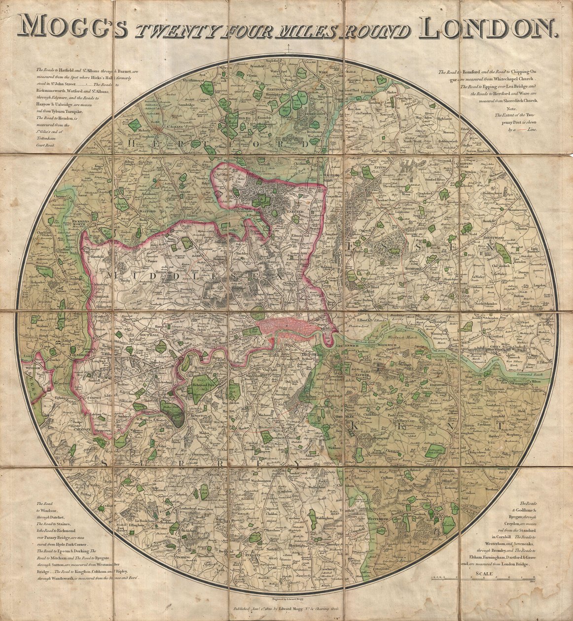 Mappa di Mogg dei ventiquattro miglia intorno a Londra da Unbekannt Unbekannt