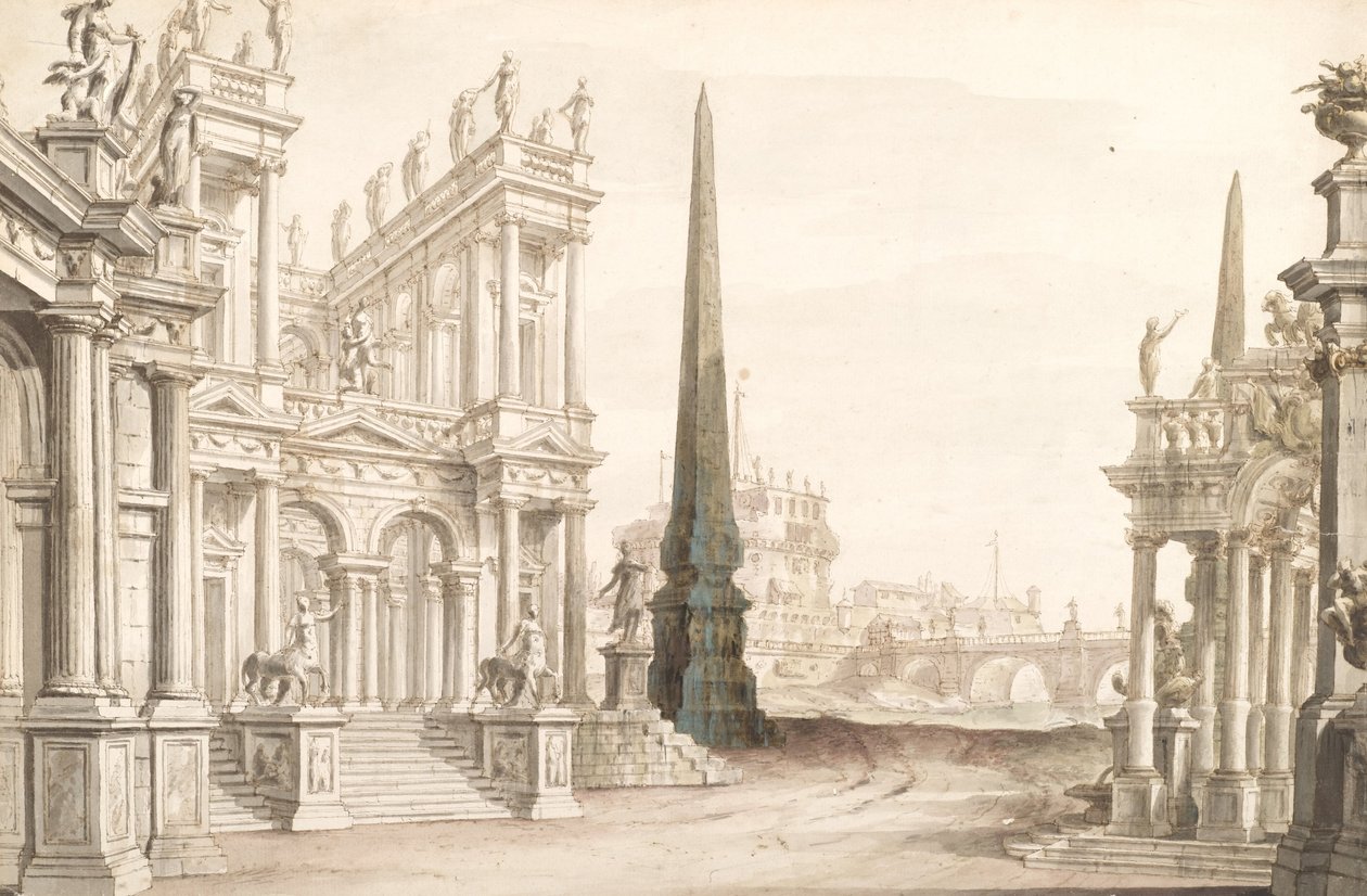 Progetto scenografico che mostra la fantasia di Roma con il Castel Sant