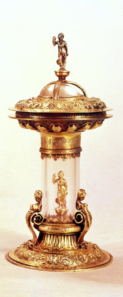 Saliera in cristallo di rocca con base, bordo e coperchio in argento dorato, 1549 da Unbekannt Unbekannt