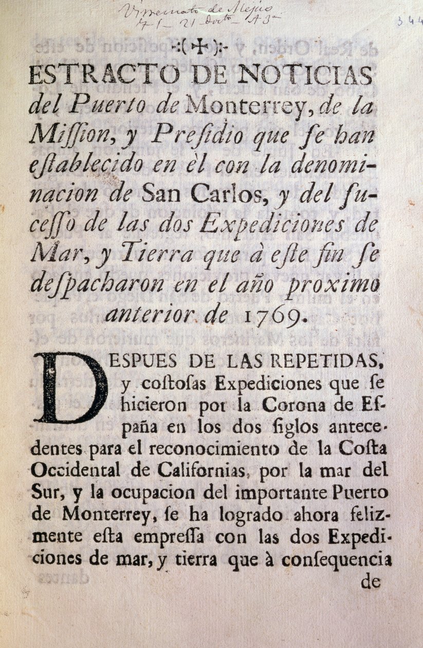 La prima pagina del resoconto ufficiale della spedizione di Portola del 1769-70 da Unbekannt Unbekannt