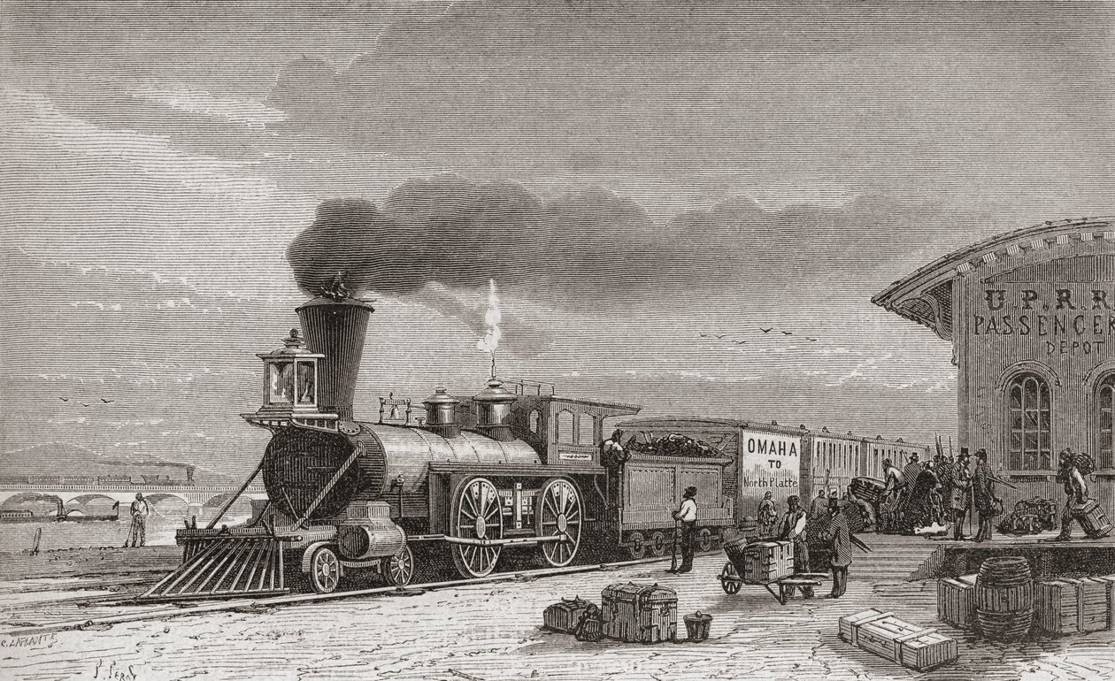 La stazione ferroviaria di Omaha, Nebraska, punto di partenza della Ferrovia del Pacifico, come era nel 1867, illustrazione da 
