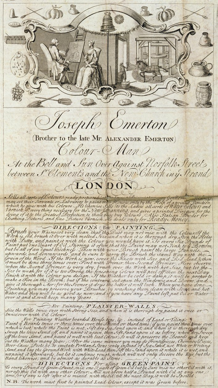Foglio commerciale di Joseph Emerton, Colour Man. che pubblicizza forniture di materiali per pittori e artisti, c.1744 da Unbekannt Unbekannt