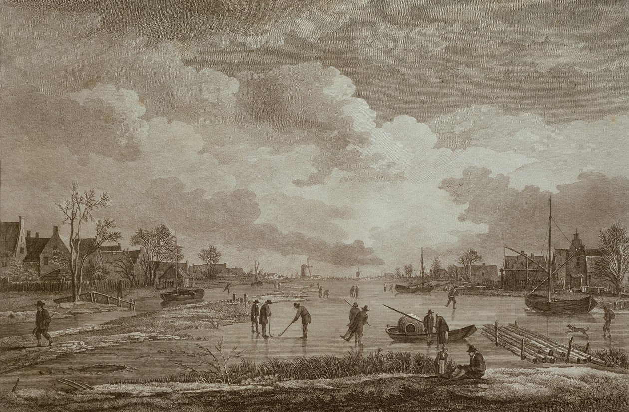 Inverno, Golf sul ghiaccio, incisione su rame di Van Drever, c.1753 da Unbekannt Unbekannt