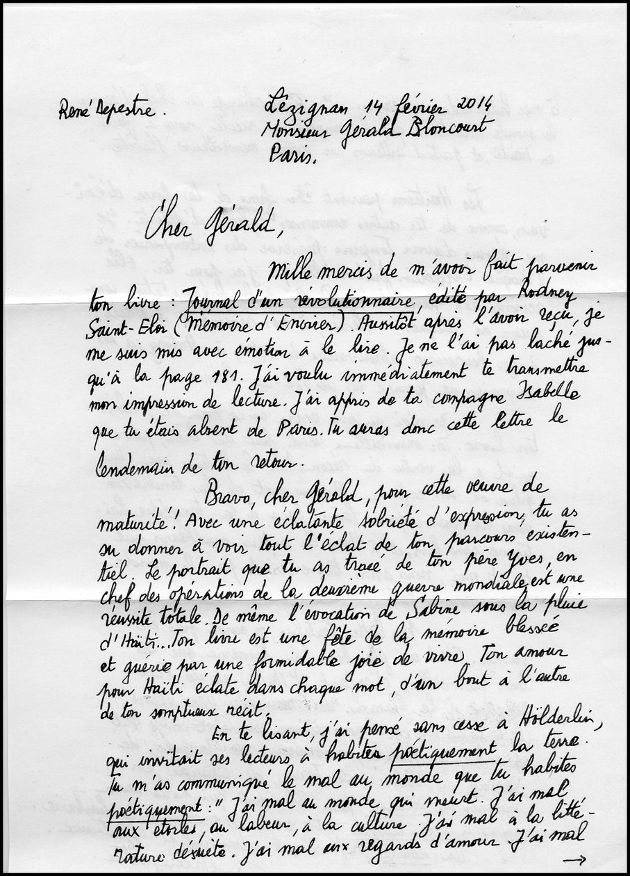 Lettere di René Depestre a pagina 1 sul suo libro Journal d