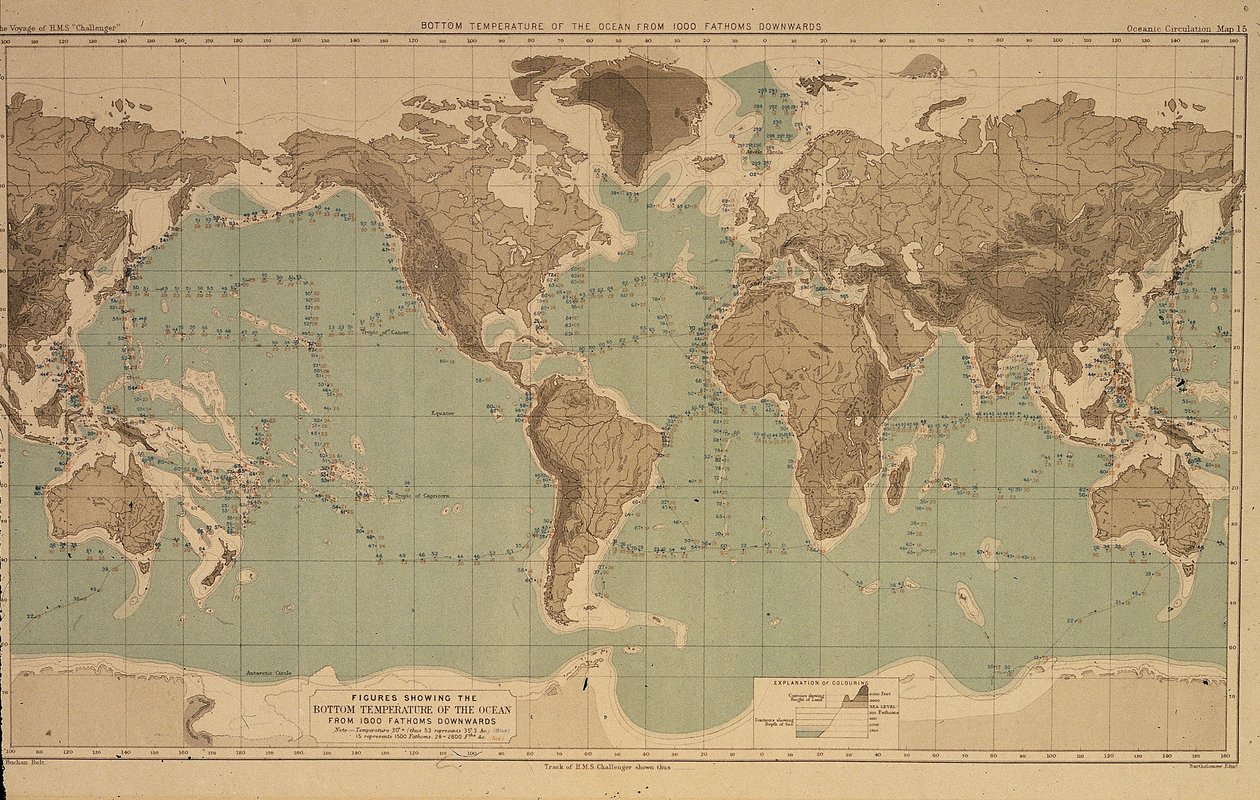 16 carte che illustrano le temperature oceaniche a diverse profondità, dai rapporti della crociera Challenger da Unbekannt