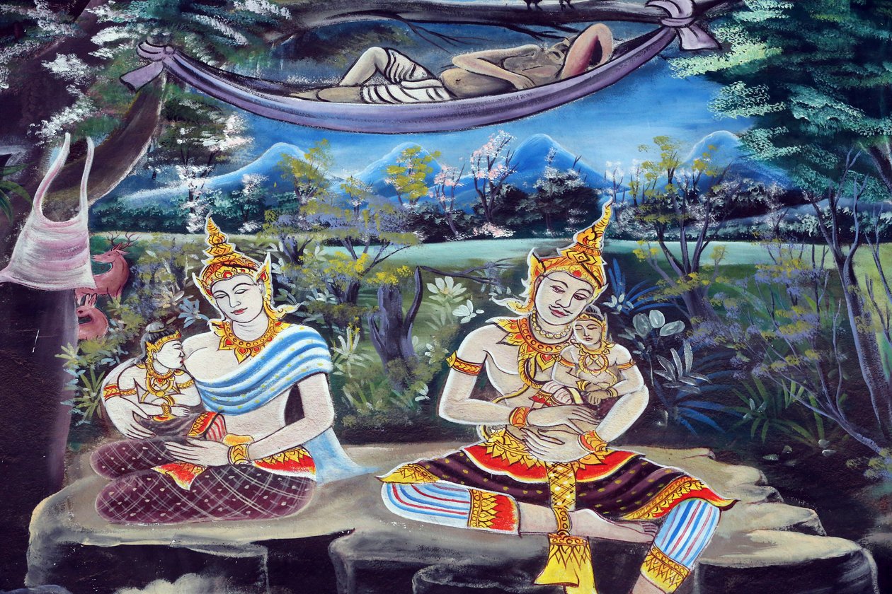 Vientiane, Laos: tempio buddista Wat Inpeng, dipinto che raffigura la vita di Shakyamuni Buddha da Unbekannt