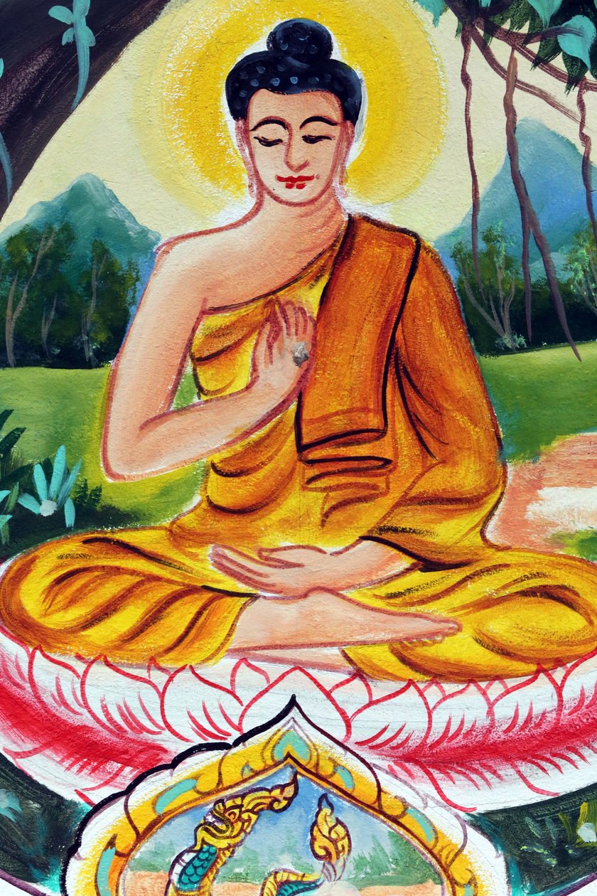 Vientiane, Laos: tempio buddista Wat Inpeng, dipinto che raffigura la vita di Shakyamuni Buddha. Il Buddha insegnante raffigura un momento particolare della vita del Buddha, cioè il primo sermone che il Buddha tenne dopo aver raggiunto l