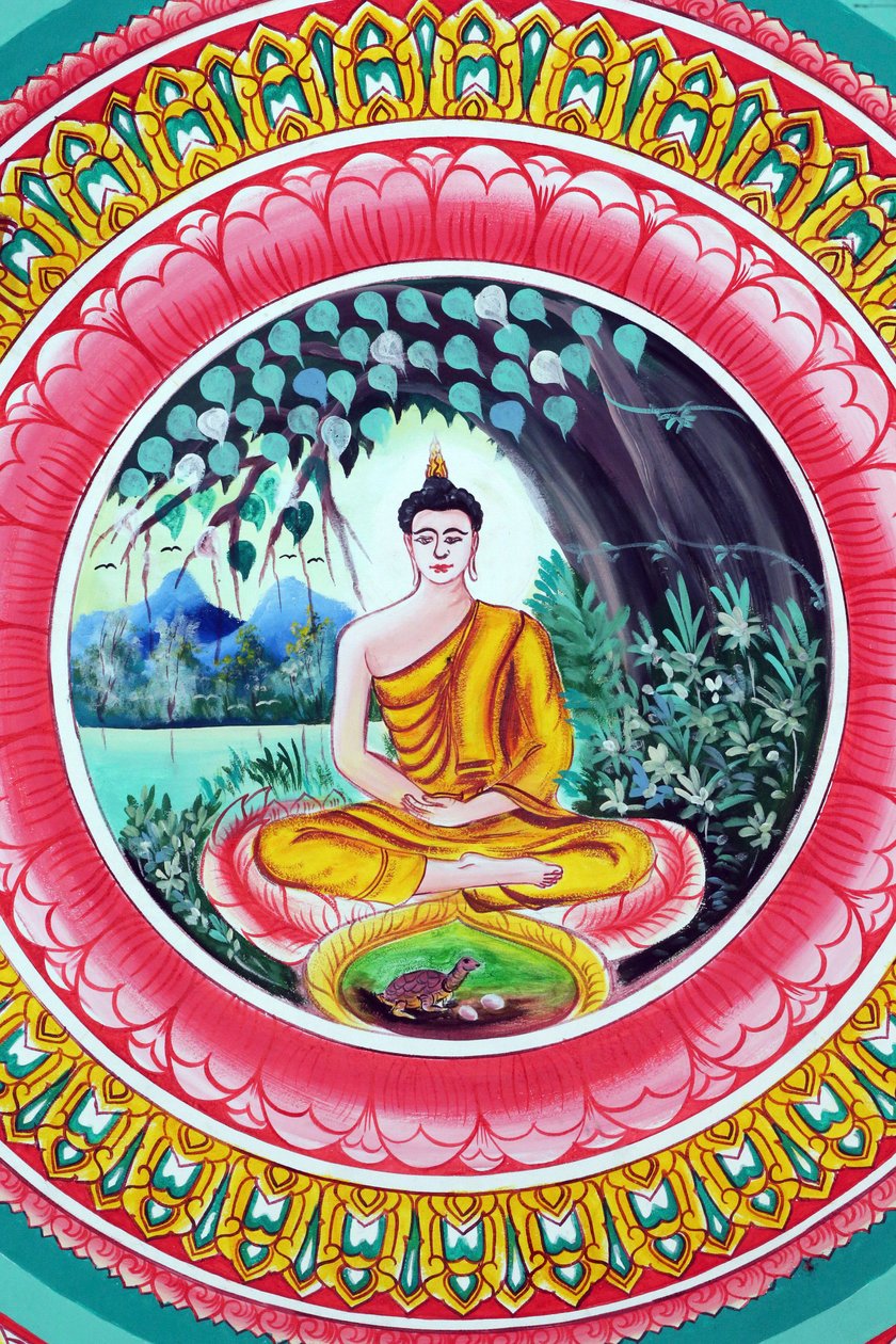 Vientiane, Laos: tempio buddista Wat Inpeng, dipinto che raffigura la vita di Shakyamuni Buddha. Buddha seduto in posizione di meditazione da Unbekannt