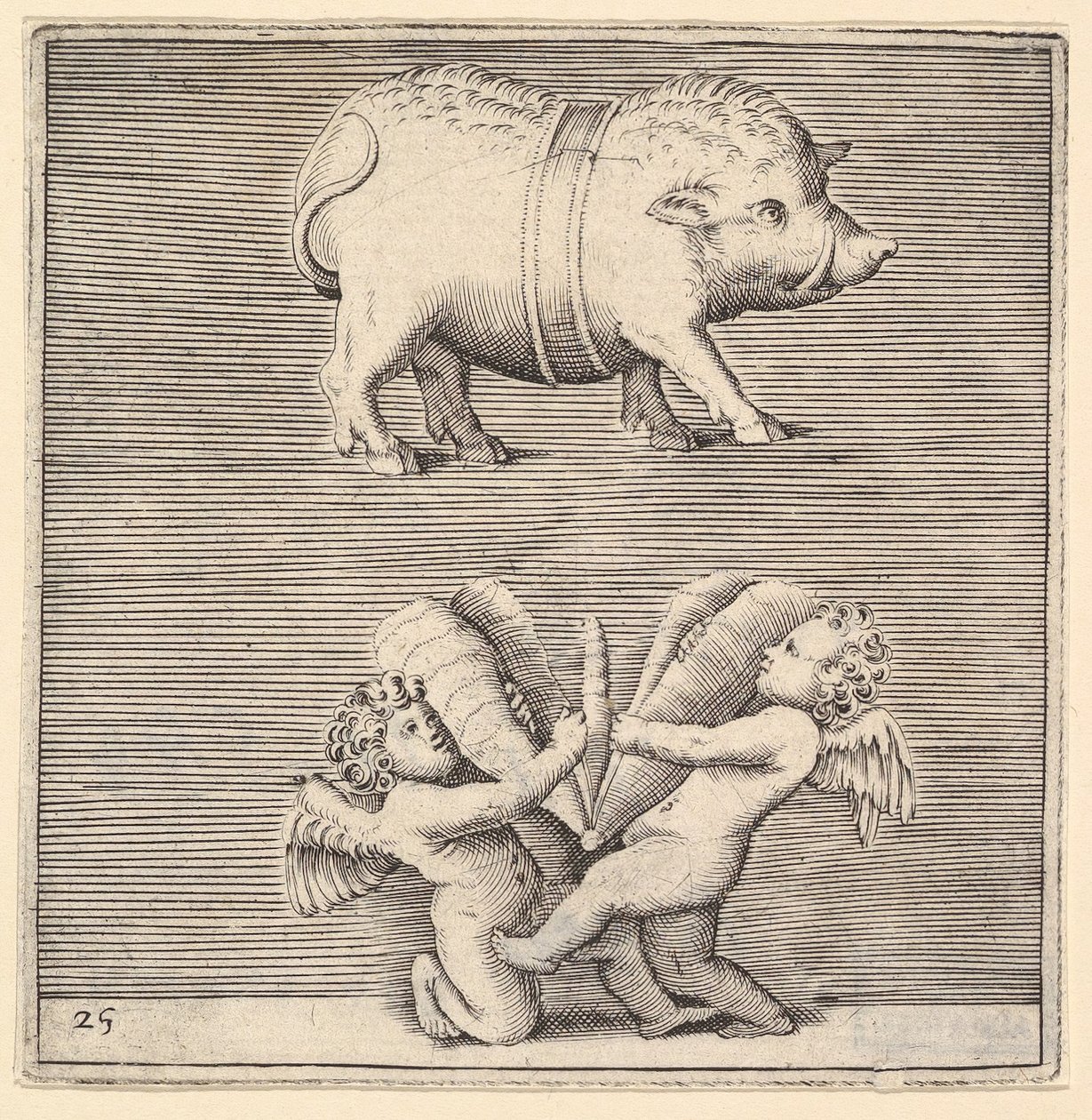 Un maiale con cintura e due cupidi o geni con una farfalla o falena, pubblicato ca. 1599-1622 da Unbekannt