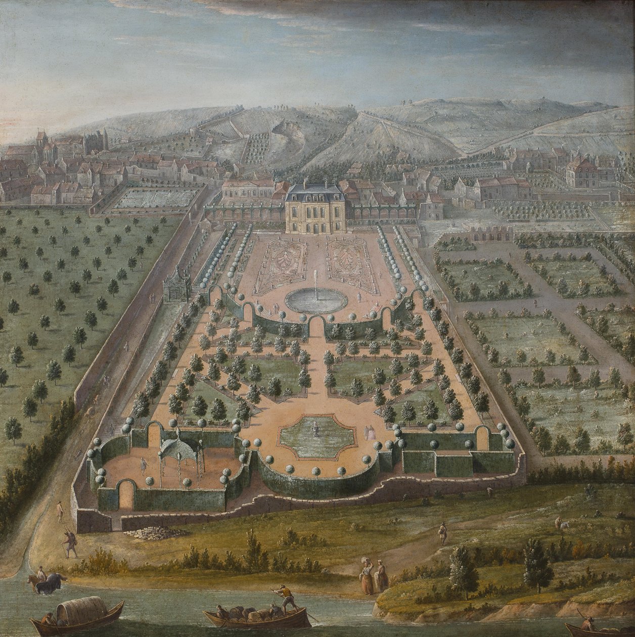 Una tenuta francese, olio su tela, 131 x 130 cm; Scuola francese, inizio XVIII secolo da Unbekannt