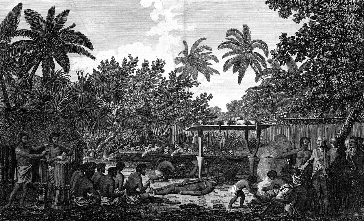 Un sacrificio umano in un Morai, a Otaheite, alla presenza del Capitano Cook, c1773 da Unbekannt