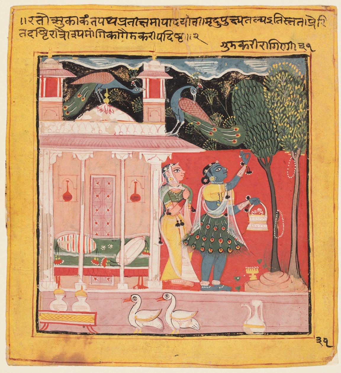 Una signora che coglie fiori con pavoni, Gunakali Ragini di Malkos, dal Chawand Ragamala, 1605 da Unbekannt
