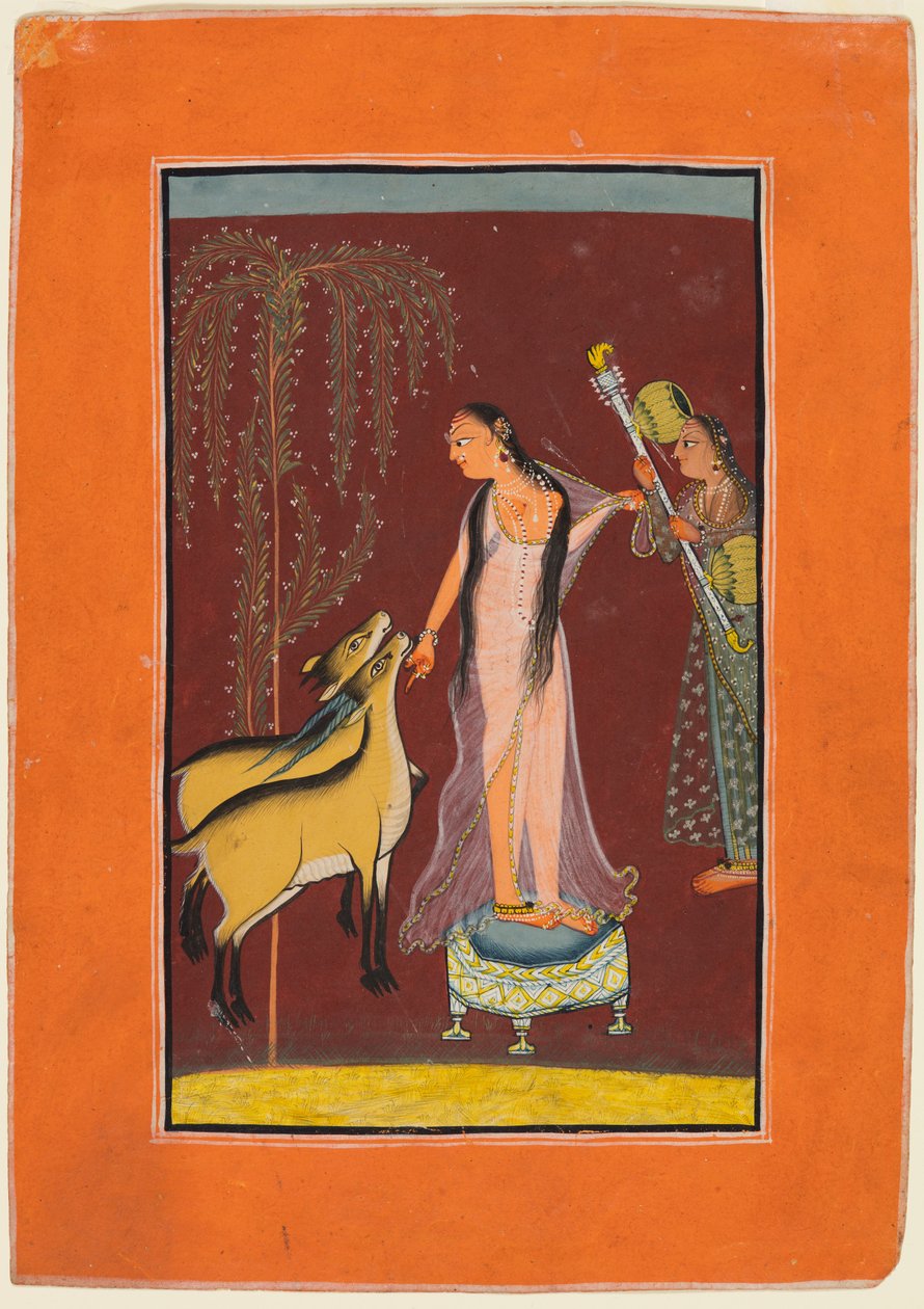 Una signora con attendente e una coppia di cervi, probabilmente Gujari Ragini di Dipak, da un Pahari Ragamala da Unbekannt