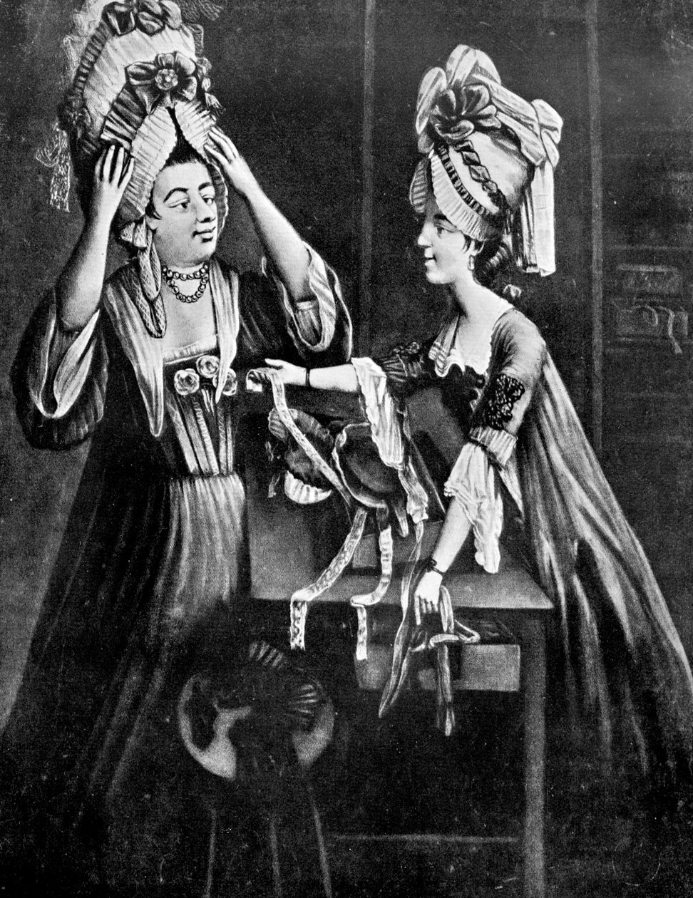 Un negozio di modiste, la signora Monopolize, la moglie del macellaio, che acquista un copricapo moderno, 1772 da Unbekannt