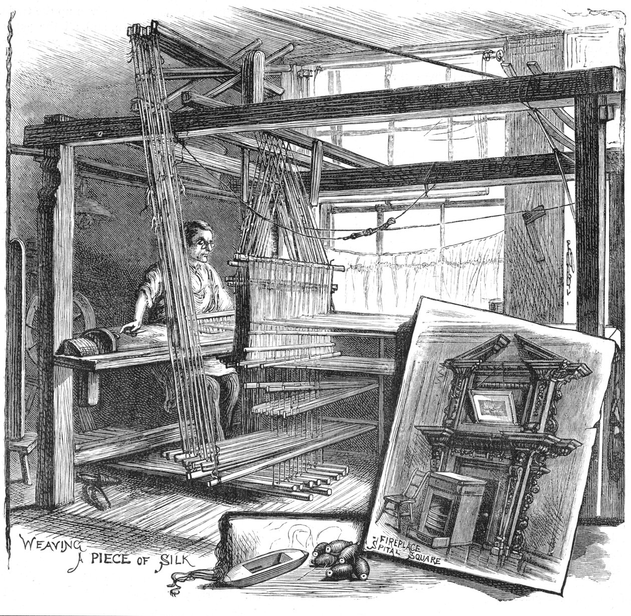 Un tessitore di seta di Spitalfields al suo telaio a mano, 1884 da Unbekannt