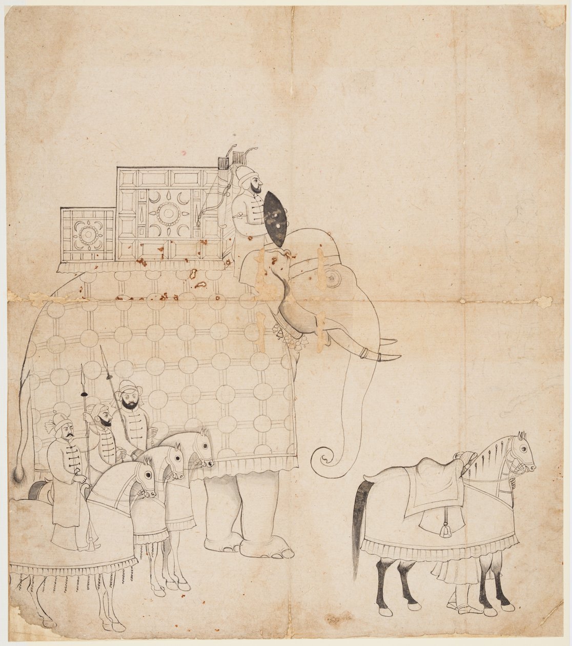 Un disegno di elefante bardato e cavalli, c. 1760 da Unbekannt