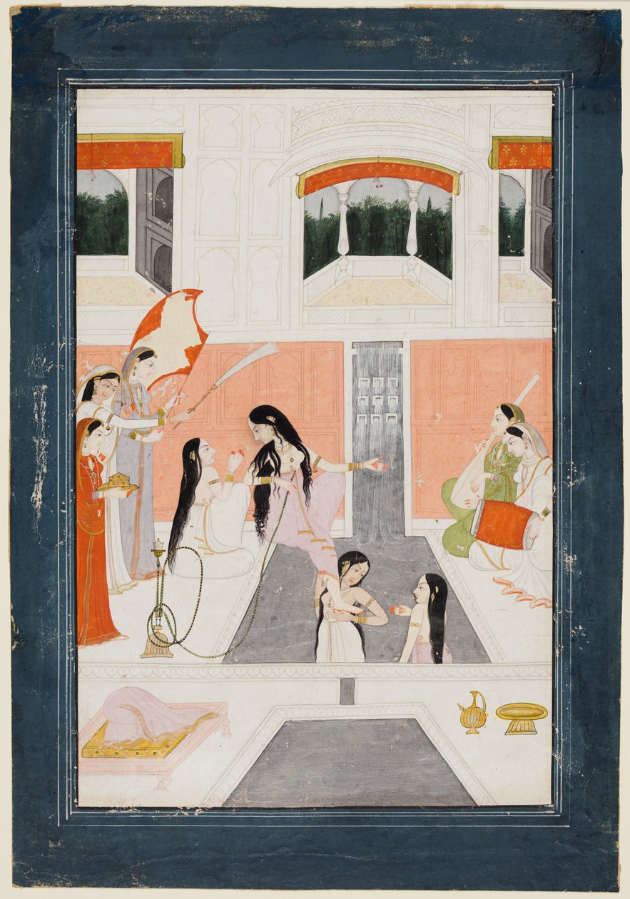 Una signora alla sua toilette ascolta musica accanto a una cascata del palazzo, c. 1780 da Unbekannt