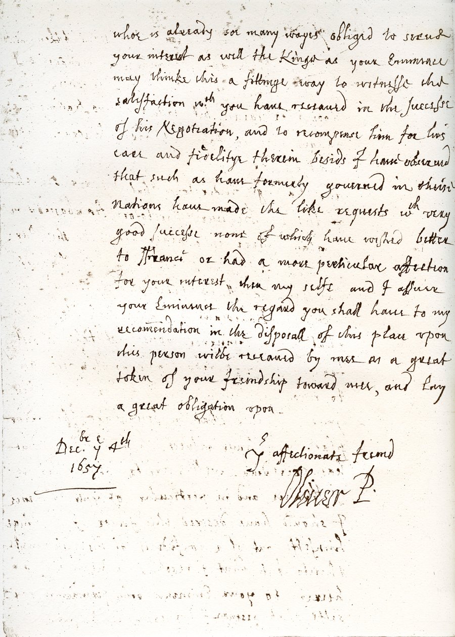 Una lettera di Oliver Cromwell al cardinale Mazzarino, 4 dicembre 1657 da Unbekannt