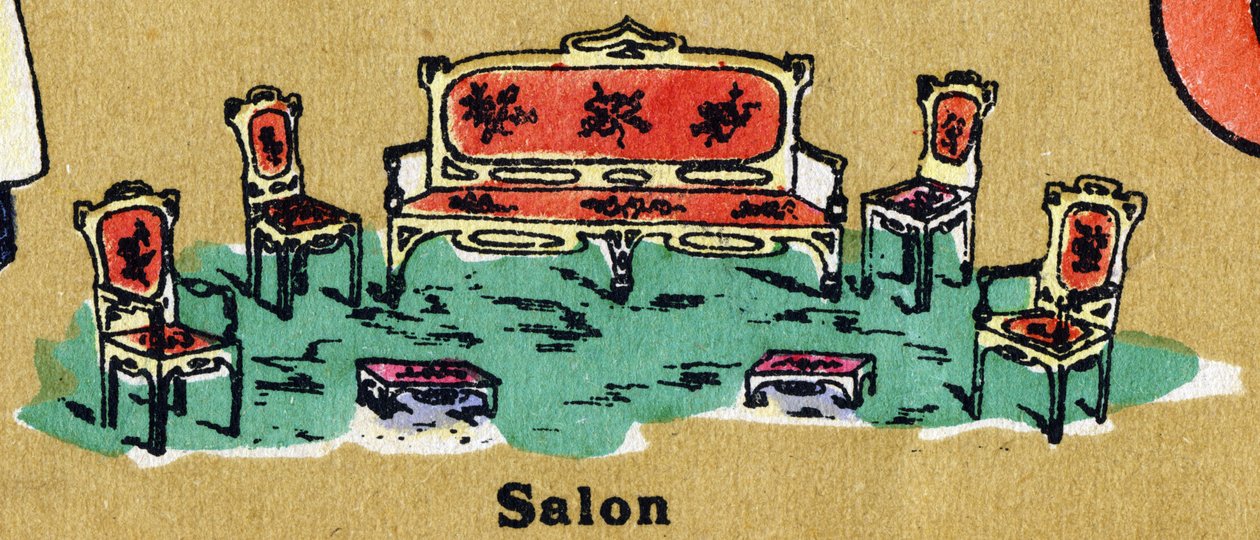 Un salotto con poltrona, sedie e poggiapiedi. Alfabeto illustrato. Imagerie riunite a Jarville-Nancy, inizio XX secolo. Dim: 40 x 29 cm. Litografia su sfondo bistro da Unbekannt
