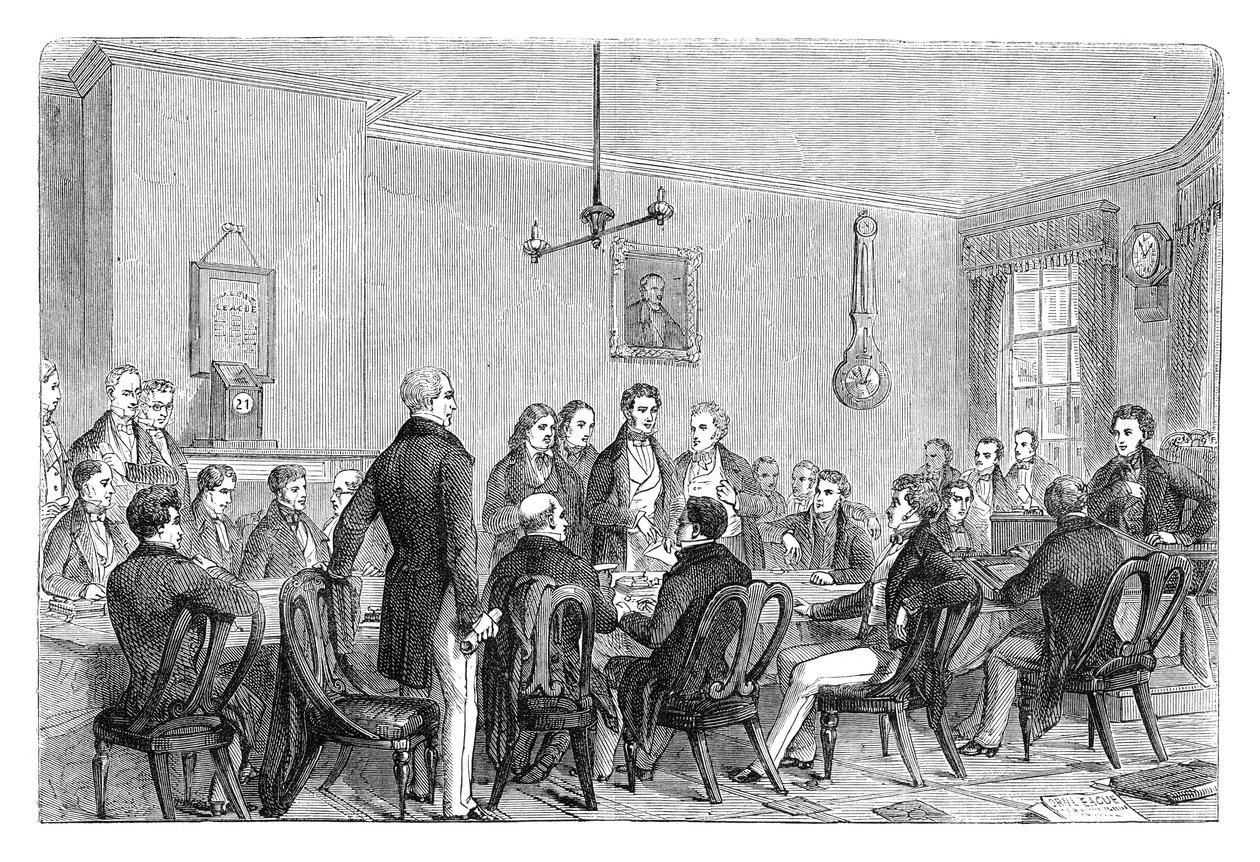 Un incontro della Lega Anti-Corn Law nel Newalls Building, Manchester, 1838 c1895 da Unbekannt