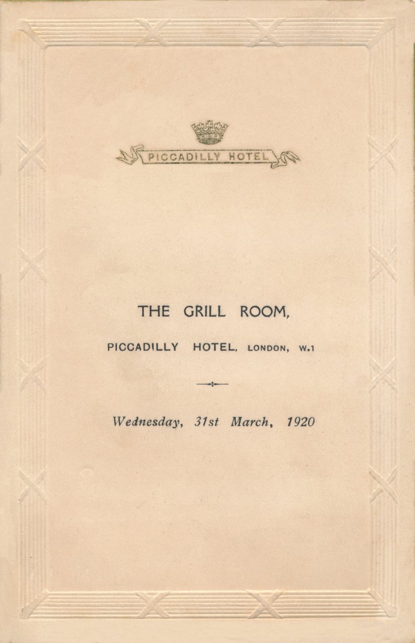 Menu per The Grill Room del Piccadilly Hotel, Londra, 1920 da Unbekannt