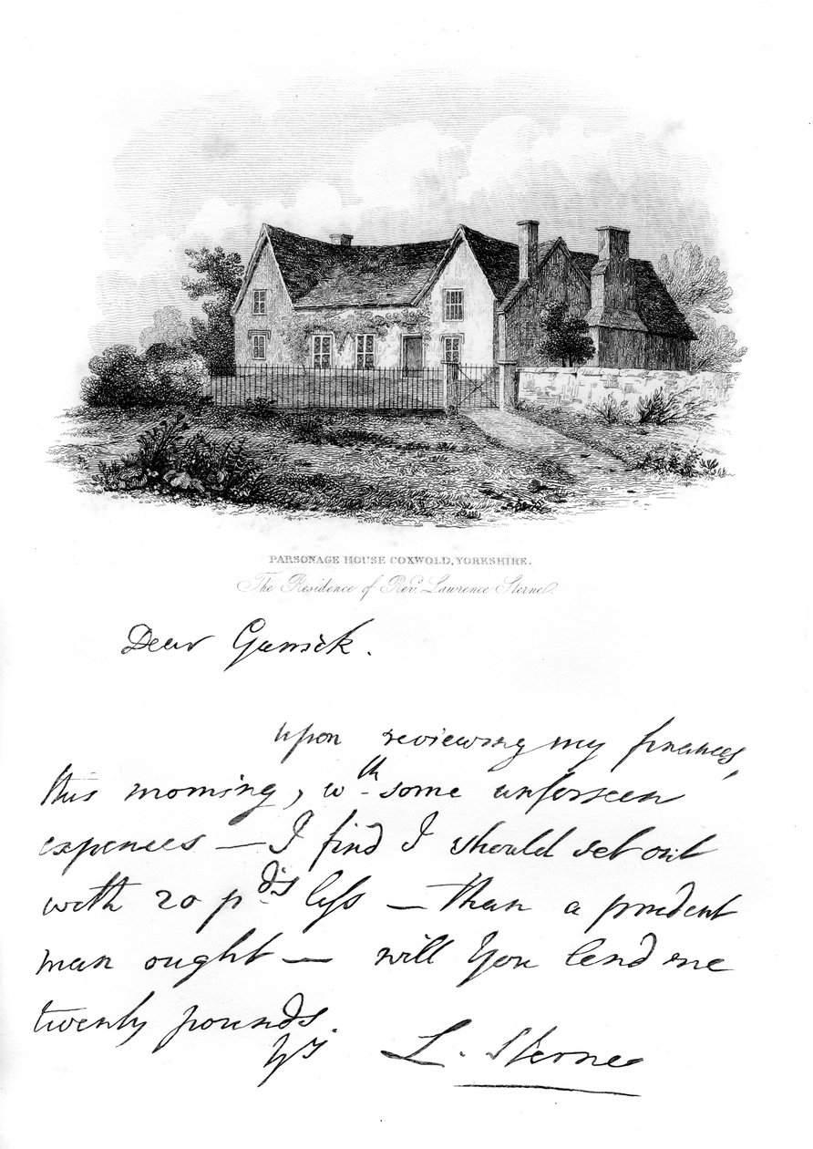 Una nota da Sterne a Garrick e una vista della casa di Sterne nello Yorkshire, XVIII secolo, 1840 da Unbekannt