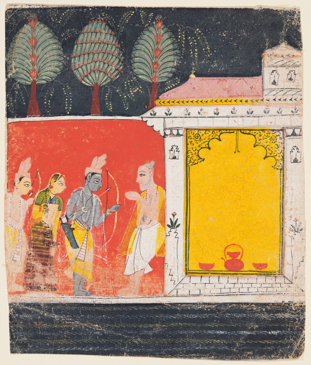 Una pagina di un Ramayana: Una scena notturna di Rama, Lakshman e Sita davanti al rishi..., c. 1650 da Unbekannt
