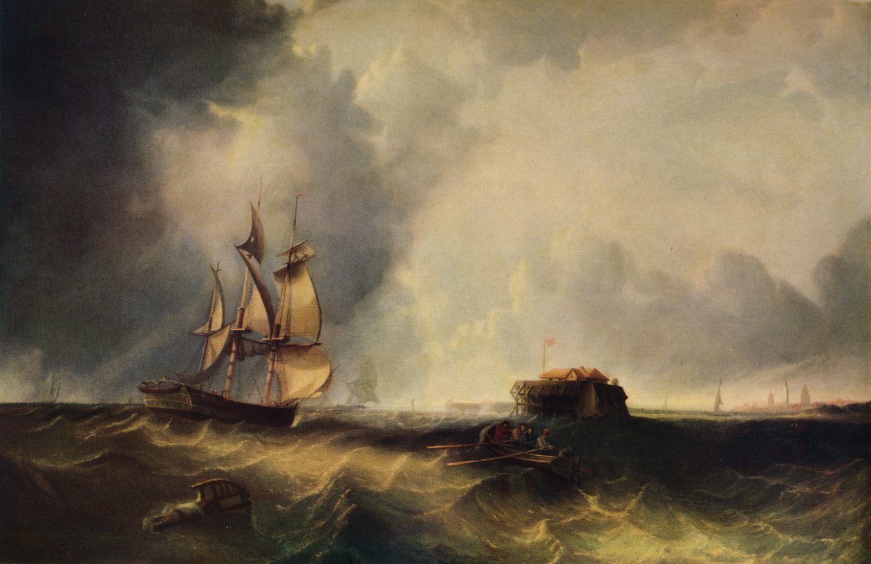 Una nave e uomini in una barca a remi al largo di Calais, c1830, 1938 da Unbekannt