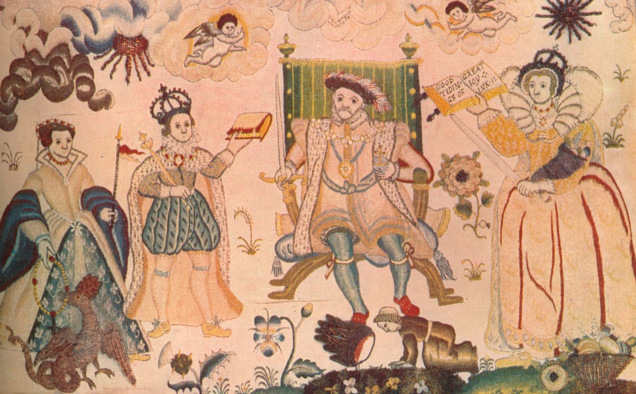 Arazzo con Enrico VIII, Edoardo VI ed Elisabetta I. Pensato per essere elisabettiano da Unbekannt