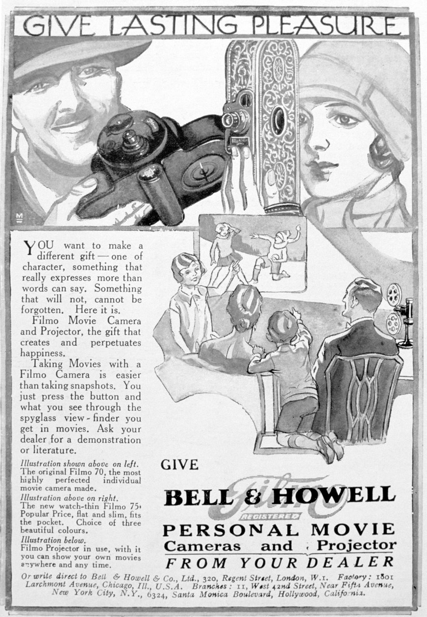 Pubblicità per cineprese e proiettori personali Bell & Howell, anni 