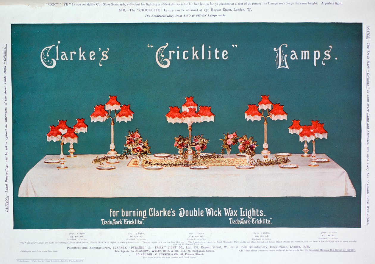 Pubblicità per le lampade Cricklite di Clarke, 1899 da Unbekannt