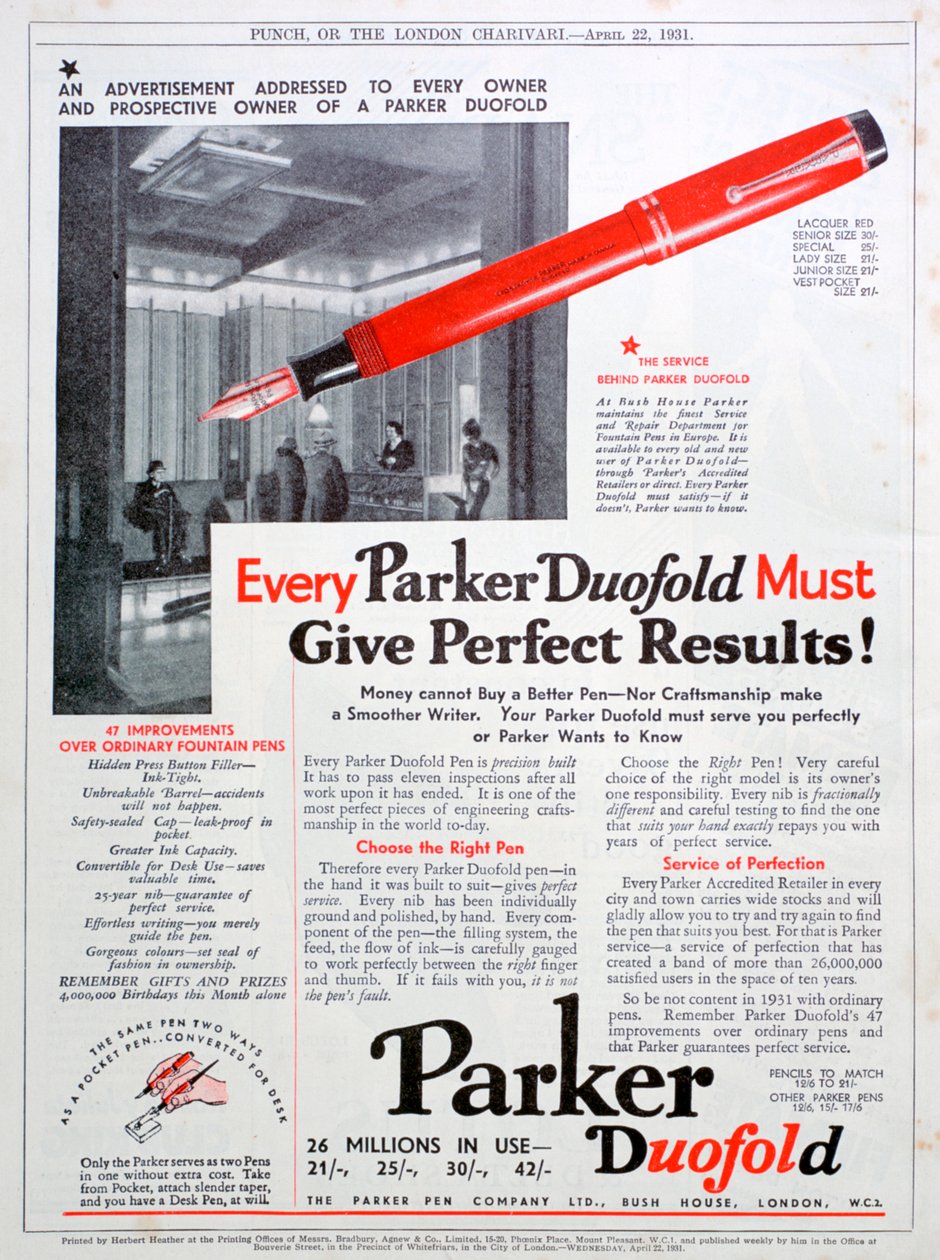 Pubblicità per penne Parker, 1931 da Unbekannt