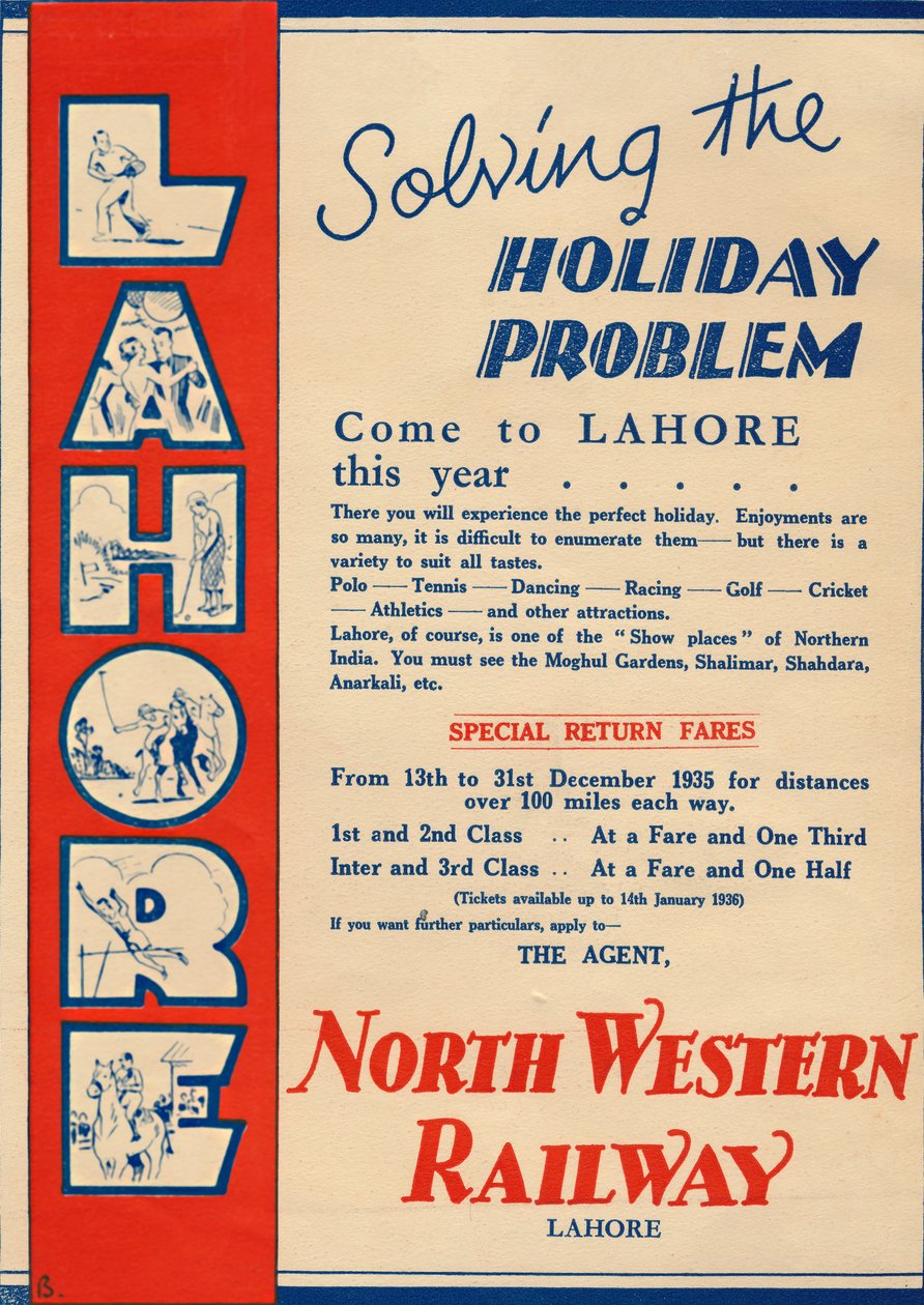 Pubblicità per la North Western Railway che promuove i viaggi a Lahore, 1936 da Unbekannt