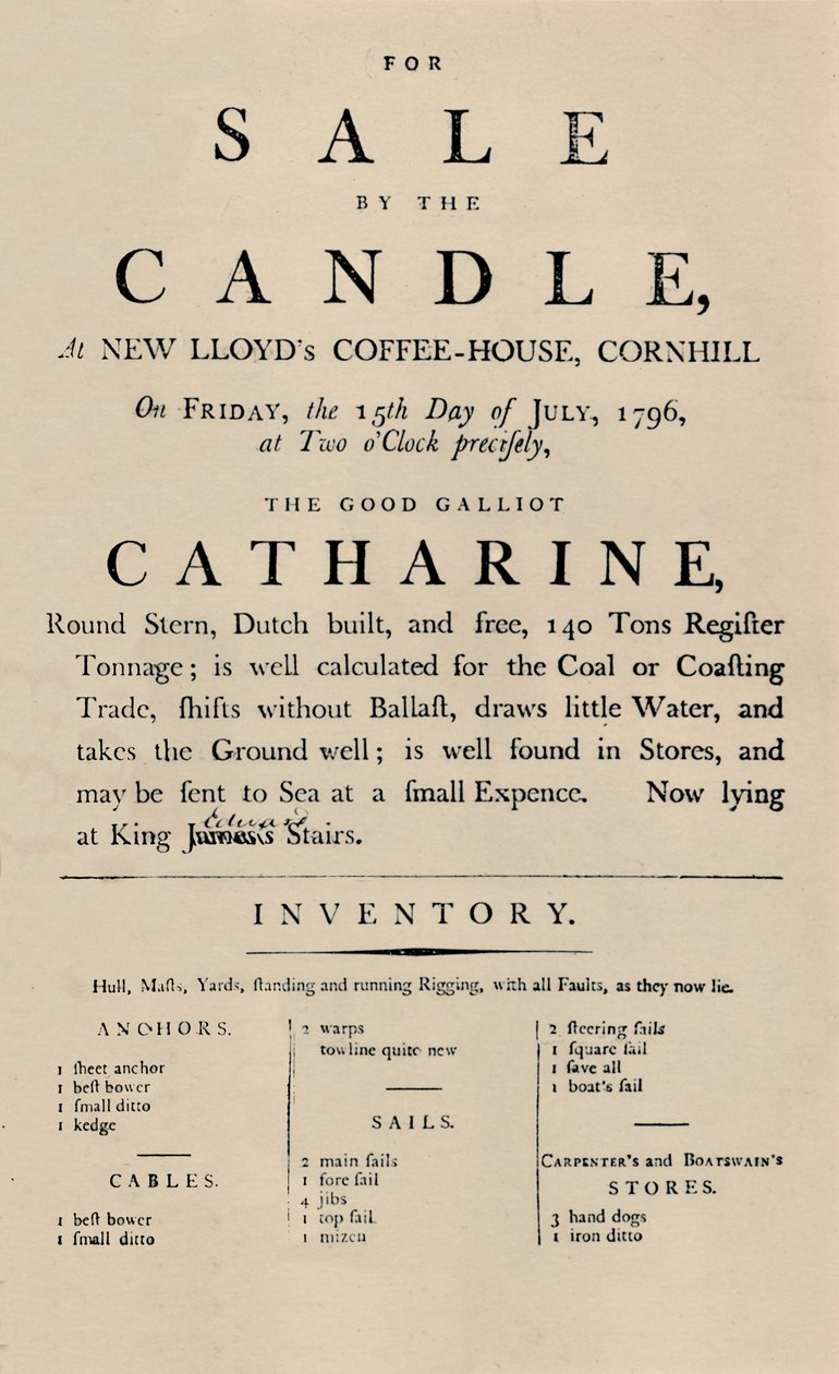 Annuncio di Vendita con Candela a Lloyds, 1796 da Unbekannt