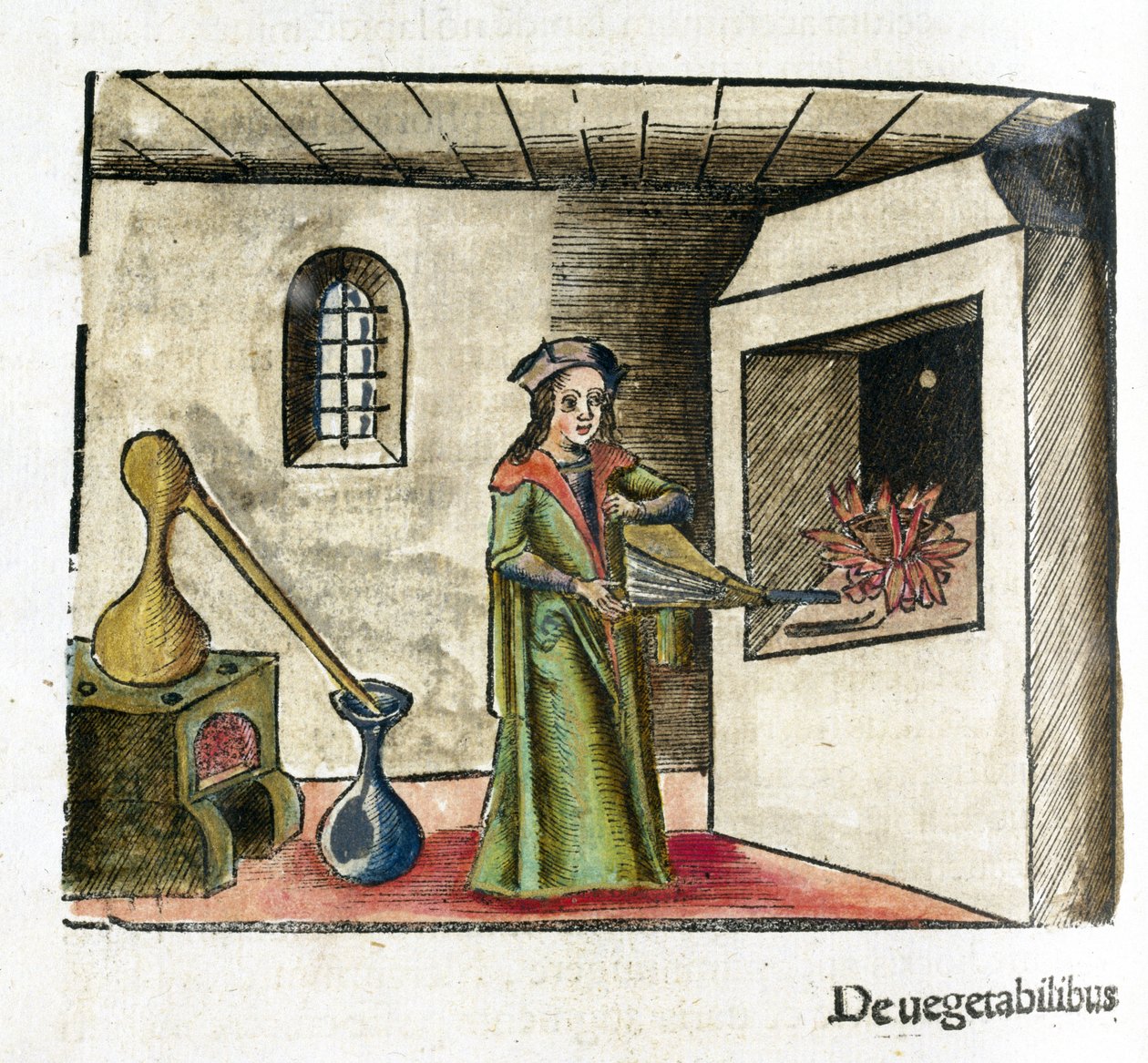 Alchimia XVI secolo: un alchimista al lavoro, attivando un mantice davanti al camino del suo laboratorio, dietro di lui, una stufa e un alambicco da Unbekannt
