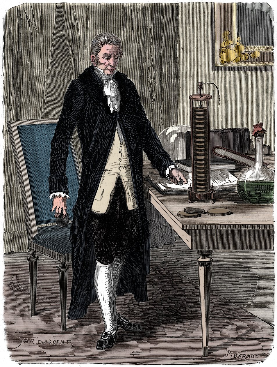 Alessandro Volta, fisico italiano, che dimostra la sua pila elettrica, c. 1800 c. 1870 da Unbekannt