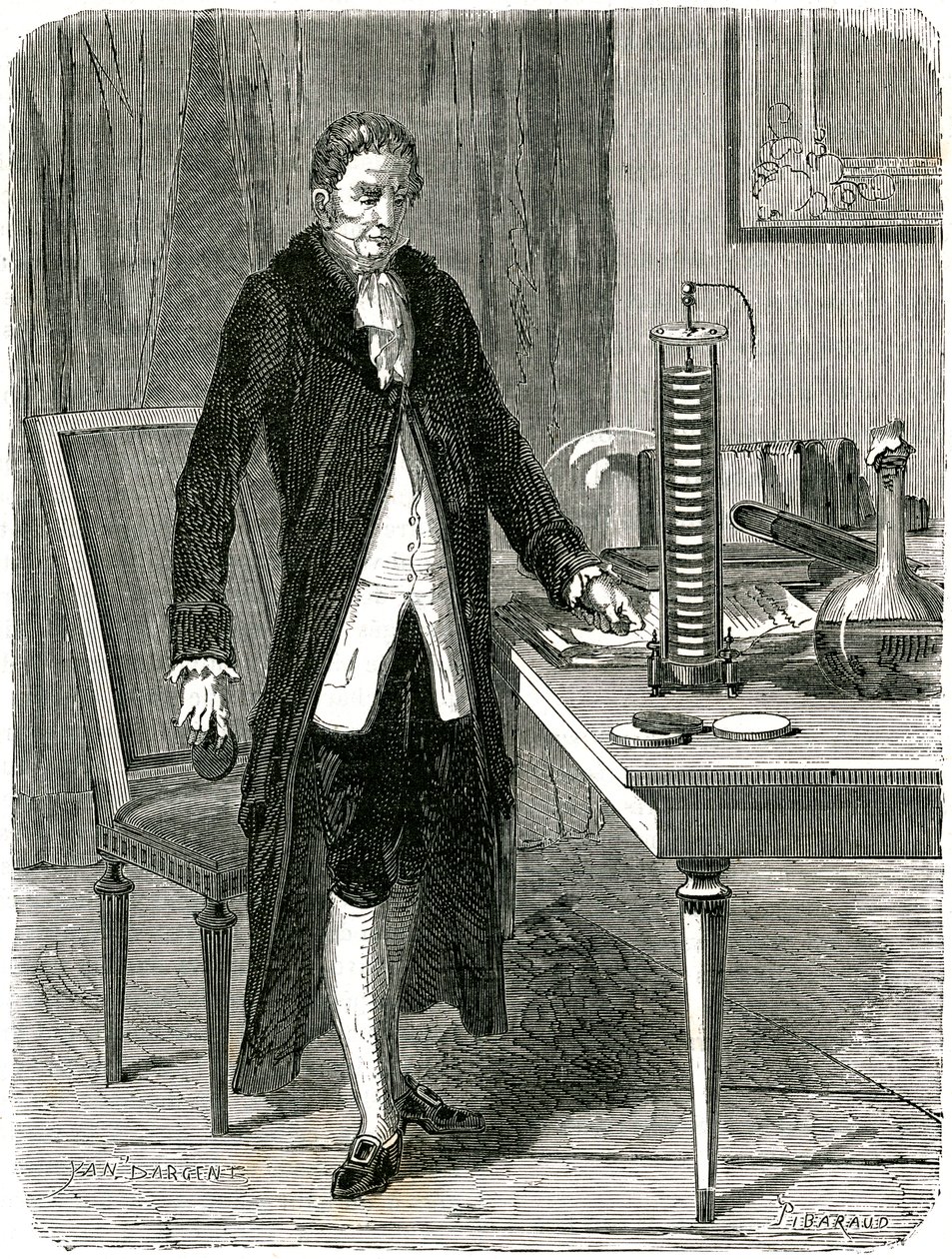 Alessandro Volta, fisico italiano, che dimostra la sua pila elettrica, c1800 c1870 da Unbekannt